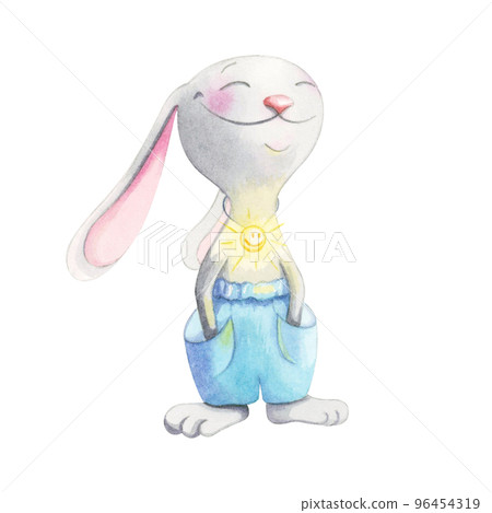 Happy hare with the sun on his chest. Watercolor illustration. 96454319