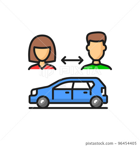 Car share service, carpool, man woman carsharing color linear icon. Vector carpooling or car-sharing, multiple drivers on car on rent, people share cars Car share service, carpool, man woman carsharing color linear icon. Vector carpooling or car-sharing, multiple drivers on car on rent, people share cars 96454405