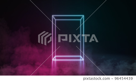 Colored neon glowing rectangle box stand in darkness, fog effect Colored neon glowing rectangle box stand in darkness, fog effect 96454439