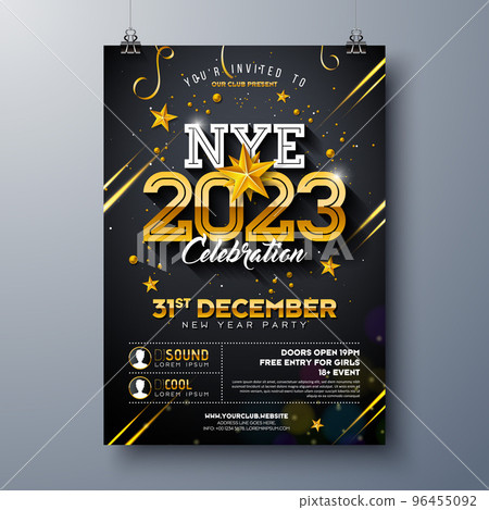 2023 New Year Party Celebration Poster Template Illustration with Shiny Gold Number on Black Background. Vector Holiday Premium Invitation Flyer or Promo Banner. 2023 New Year Party Celebration Poster Template Illustration with Shiny Gold Number on Black Background. Vector Holiday Premium Invitation Flyer or Promo Banner. 96455092