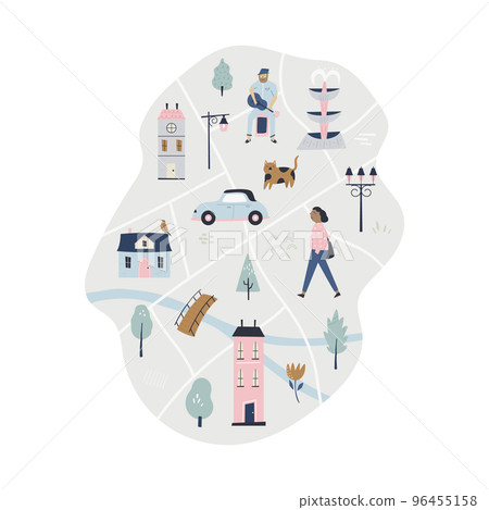 Cute city map with streets, parks, people, colorful houses Cute city map with streets, parks, people, colorful houses 96455158