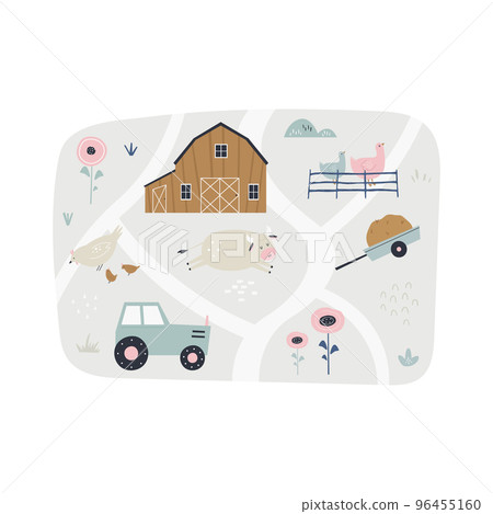 Cute rural scene with barn, tractor, funny animals, plants 96455160