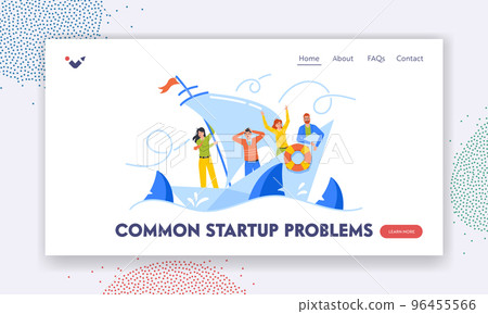 Common Startup Problem Landing Page Template. Hopeless Businesspeople Team Shipwreck on Paper Boat, Drowning in Ocean 96455566