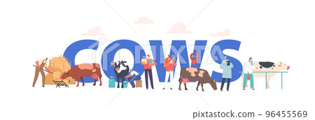 Cows Concept, Male and Female Characters Care of Cattle on Ranch, Men and Women Feeding, Milking Animals on Livestock 96455569