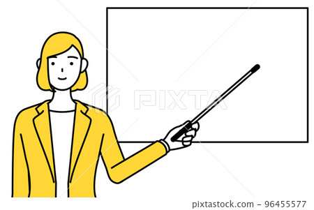 Simple line drawing illustration of a woman in a suit pointing at a whiteboard with a pointing stick 96455577
