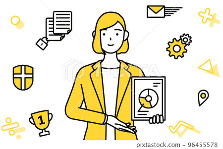 Image of DX conversion, simple line drawing illustration of a woman in a suit who uses digital technology to improve business 96455578