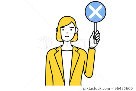 A simple line drawing illustration of a woman in a suit holding a cross stick indicating an incorrect answer A simple line drawing illustration of a woman in a suit holding a cross stick indicating an incorrect answer 96455600