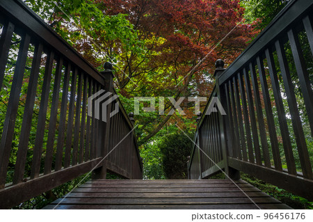 Wooden bridge over the creek in a garden. Wooden bridge over the creek in a garden. 96456176