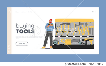 Buying Tools Landing Page Template. Male Character Choose Instruments in Hardware Shop. Man Looking for Devices 96457047