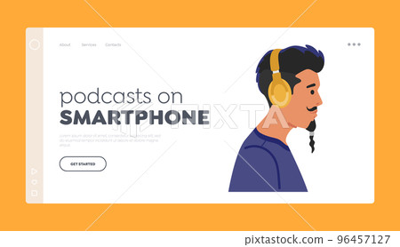 Podcasts On Smartphone Landing Page Template. Stylish Hipster Man Wear Headphones Profile View Vector Illustration 96457127