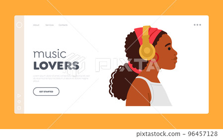 Music Lovers Landing Page Template. Stylish Black Woman Wear Headphones Listen To Music Profile View Vector Illustration Music Lovers Landing Page Template. Stylish Black Woman Wear Headphones Listen To Music Profile View Vector Illustration 96457128
