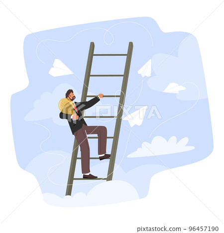 Businessman Character With Light Bulb In Hands Climb Ladder To Achieve Goal. Man With Creative Idea Ascend By Stairs 96457190