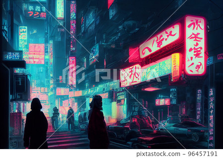 3D Rendering of billboards and advertisement signs at modern buildings in capital city with light reflection from puddles on street. Concept for night life, never sleep business district 96457191
