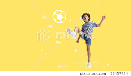 Creative design with drawn elements. Little active boy, child playing over yellow background. Future sportsman, football player Creative design with drawn elements. Little active boy, child playing over yellow background. Future sportsman, football player 96457434