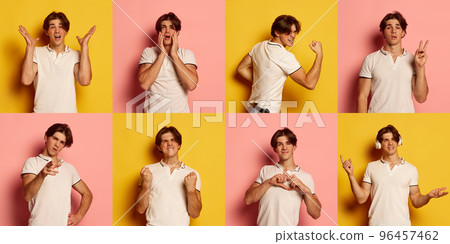 Collage. Portraits of young emotive man in casual white polo posing with different expressions isolated over yellow pink background 96457462