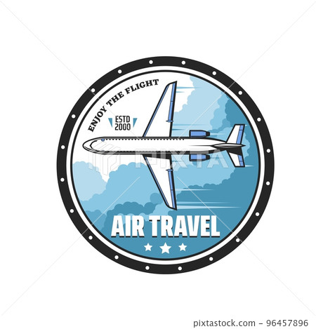 Air travel icon. Airline charter flight retro emblem, aircraft transportation industry vintage emblem. Aviation travel vector badge with passenger airplane flying in clouds 96457896