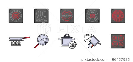 Induction icons, cooker or kitchen cooking hob and cooktop vector symbols. Induction compatible cookware and kitchenware pictograms or red spiral for electric cooking hob and induction use kitchenware 96457925