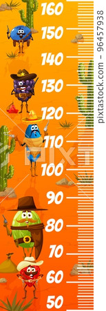 Kids height chart ruler, cartoon wild west berry ranger, cowboy and bandit characters, vector growth meter measure ruler with blackberry, gooseberry and honeyberry, strawberry and blueberry cowboys 96457938