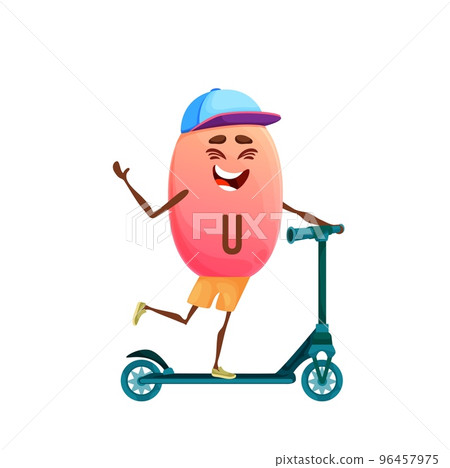 Cartoon vitamin U character on scooter. Isolated vector micronutrient bubble riding fun, summertime recreation or sport. Fantasy personage exercising, food supplement outdoor activity, sports, relax 96457975