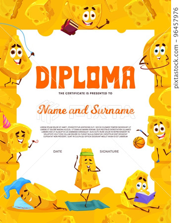 Kids diploma with cartoon gouda and maasdam cheese characters, vector certificate template. Kids education diploma award with funny cheese heads on sport and yoga, playing game and basketball 96457976