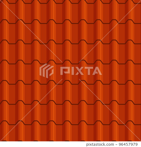 Orange roof tile seamless background pattern, vector rooftop cover texture. Red ceramic or clay roof top of shingle pattern and terracotta slate tiling with wave rows, pantile of house rooftop 96457979