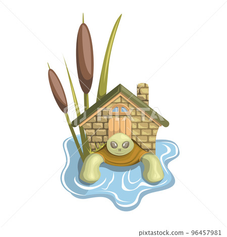 Vector image of a stylized turtle with a hut in the pond instead of a shell Vector image of a stylized turtle with a hut in the pond instead of a shell 96457981