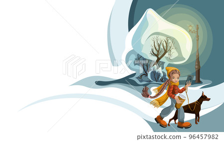 Vector background image with a girl on a walk with a gadget in winter Vector background image with a girl on a walk with a gadget in winter 96457982
