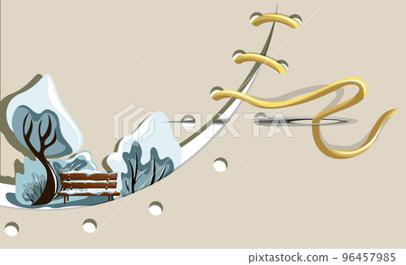 Vector background image of two stitched pieces between which a winter landscape is visible. The concept of the outgoing winter. Vector background image of two stitched pieces between which a winter landscape is visible. The concept of the outgoing winter. 96457985