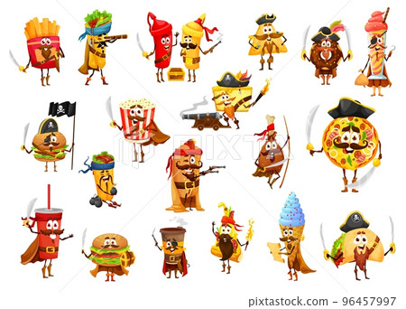 Cartoon takeaway fast food pirates and corsairs funny characters, vector personages. Fastfood snacks and drinks pirates, pizza, hot dog in tricorne, popcorn and burrito, ice cream and donut, hamburger 96457997