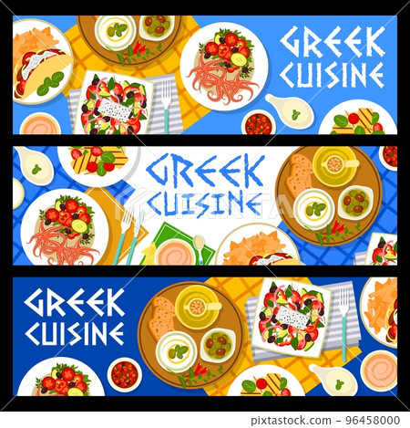Greek cuisine banners, Greece food dishes and Mediterranean menu, vector. Greek restaurant authentic gourmet cuisine dishes, salads and tzatziki sauce with halloumi cheese Greek cuisine banners, Greece food dishes and Mediterranean menu, vector. Greek restaurant authentic gourmet cuisine dishes, salads and tzatziki sauce with halloumi cheese 96458000
