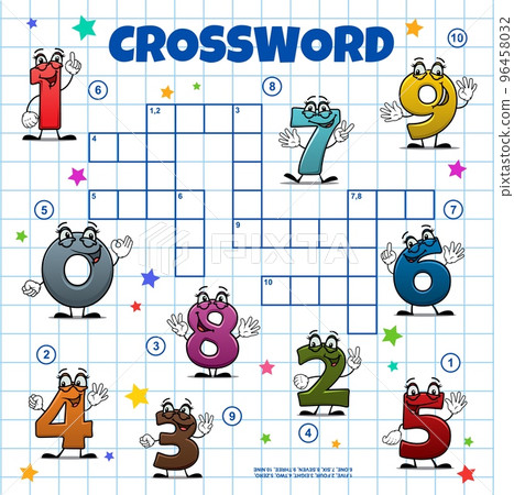 Cartoon school numbers and digits. Crossword grid. Find a word quiz game, child vocabulary puzzle, wordsearch playing activity vector worksheet with cheerful digits characters 96458032