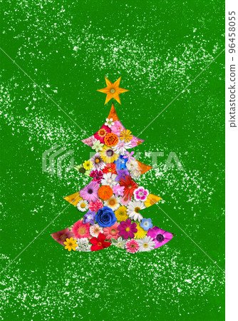 在綠色日本紙背景的聖誕樹，五顏六色的花盛開的藝術 96458055