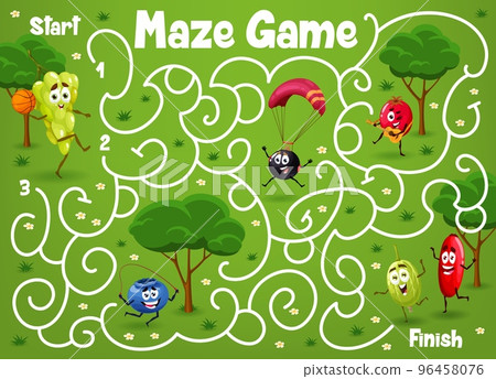 Labyrinth maze. Cartoon berry characters on summer vacation. Kids educational game with grape, blueberry and gooseberry, rosehup and currant. Playing activity riddle or quiz vector worksheet, Labyrinth maze. Cartoon berry characters on summer vacation. Kids educational game with grape, blueberry and gooseberry, rosehup and currant. Playing activity riddle or quiz vector worksheet, 96458076