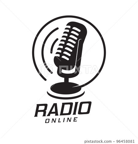 Online radio sation retro icon. Live broadcasting channel symbol or sign, web music streaming service vector emblem or circle pictogram. Online media and news icon with vintage microphone 96458081
