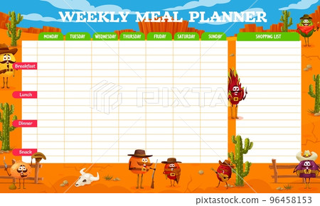 Weekly meal planner of Western cartoon cowboy, bandit and ranger fruit characters. Vector Wild West food plan or meal schedule with berry personages. Diet calendar diary with fig, watermelon, orange Weekly meal planner of Western cartoon cowboy, bandit and ranger fruit characters. Vector Wild West food plan or meal schedule with berry personages. Diet calendar diary with fig, watermelon, orange 96458153