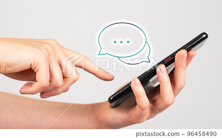Forefinger swiping positive comments on phone. Consumer, client satisfaction. Good feedback on social media. Woman holding smartphone and reading messages 96458490