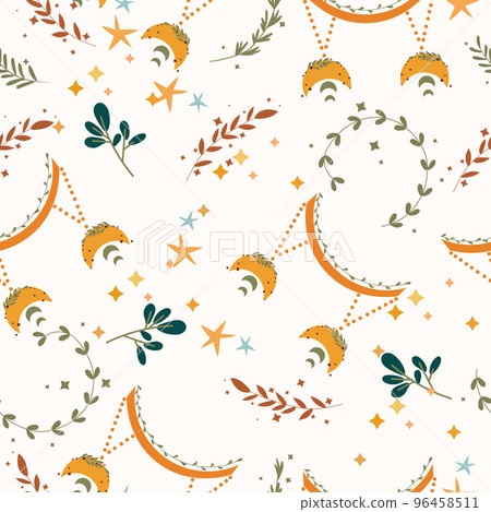 Seamless patterns with Libra, colorful leaves and stars. Astrological Libra zodiac. Bright astrological pattern can be used as textile, fabric, wallpaper, banner and other. Vector. 96458511