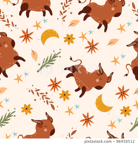 Seamless patterns with Taurus, colorful flowers, leaves and stars. Astrological Taurus zodiac. Bright astrological pattern can be used as textile, fabric, wallpaper, banner and other. Vector. 96458512