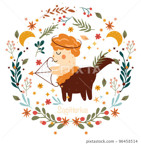 Sagittarius Zodiac in a colorful wreath of Stock Illustration