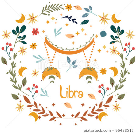 Libra Zodiac with a colorful wreath of leaves, flowers stars around. Astrological Libra zodiac perfect for posters, logo, cards. Vector illustration 96458515