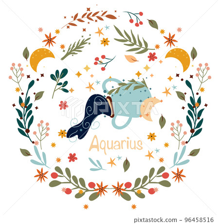 Aquarius Zodiac in a colorful wreath of leaves, flowers and stars around. Astrological Aquarius zodiac perfect for posters, logo, cards. Vector illustration Aquarius Zodiac in a colorful wreath of leaves, flowers and stars around. Astrological Aquarius zodiac perfect for posters, logo, cards. Vector illustration 96458516
