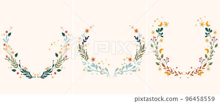 Bright floral wreath with wildflowers, colorful leaves, moon and stars around. Set Vintage floral frame Perfect for greeting cards, poster, postcard, banner. Vector illustration Bright floral wreath with wildflowers, colorful leaves, moon and stars around. Set Vintage floral frame Perfect for greeting cards, poster, postcard, banner. Vector illustration 96458559