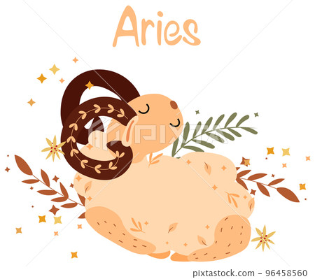 Aries astrological sign. Cute Zodiac sign with colorful leaves and stars around. Cute Aries perfect for posters, logo, cards. Vector illustration Aries astrological sign. Cute Zodiac sign with colorful leaves and stars around. Cute Aries perfect for posters, logo, cards. Vector illustration 96458560