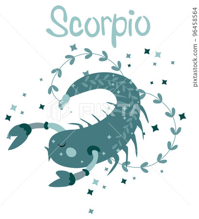 Scorpio astrological sign. Funny Zodiac sign with colorful leaves and stars around. Scorpio perfect for posters, logo, cards. Vector illustration 96458564