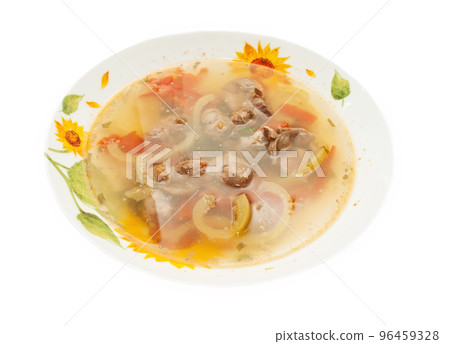 appetizing Soup with Chicken giblets in plate isolated 96459328