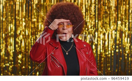 Excited amazed woman surprise looking at camera with big eyes, shocked by sudden victory wow emotion 96459419