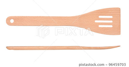 Wooden slotted spatula front and side view isolated on white background. New clean kitchen turner 96459703