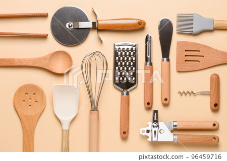 Set of kitchen utensils pattern background top view. Various cooking tools flat lay. Set of kitchen utensils pattern background top view. Various cooking tools flat lay. 96459716