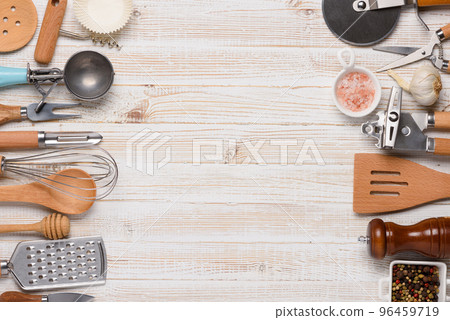 Various kitchen utensils on white wooden table top view with copy-space Various kitchen utensils on white wooden table top view with copy-space 96459719