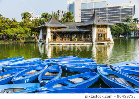 View of boats in front of Mid-Lake Pavilion in Taichung Park, Taiwan. It was built when Taiwan was under Japanese rule. View of boats in front of Mid-Lake Pavilion in Taichung Park, Taiwan. It was built when Taiwan was under Japanese rule. 96459755